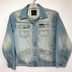 Lucky Brand Denim Jean Jacket Girls L 12 14 Blue Floral Embroidery Flowers Snaps